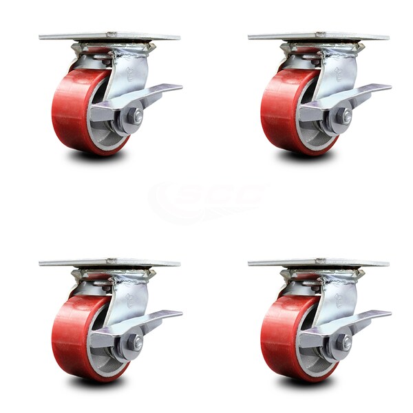 4 Inch Heavy Duty Red Poly on Cast Iron Caster Set with Ball Bearing and Brake